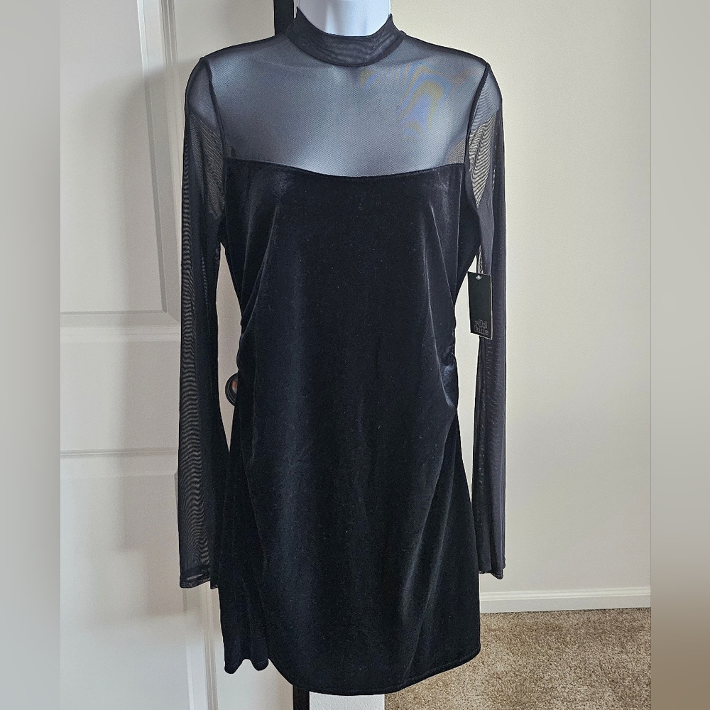 Women's Bell Long Sleeve Mesh Mini A-Line Dress, Wild Fable, Black M
